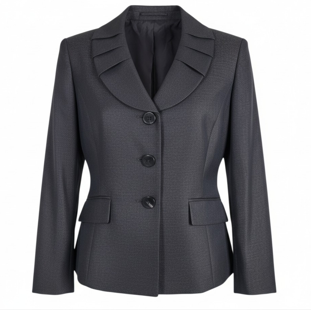 Le Suit Blazer Size 10 Black Gold Undertones Ruffled Collar Pockets Slit Cuffs
